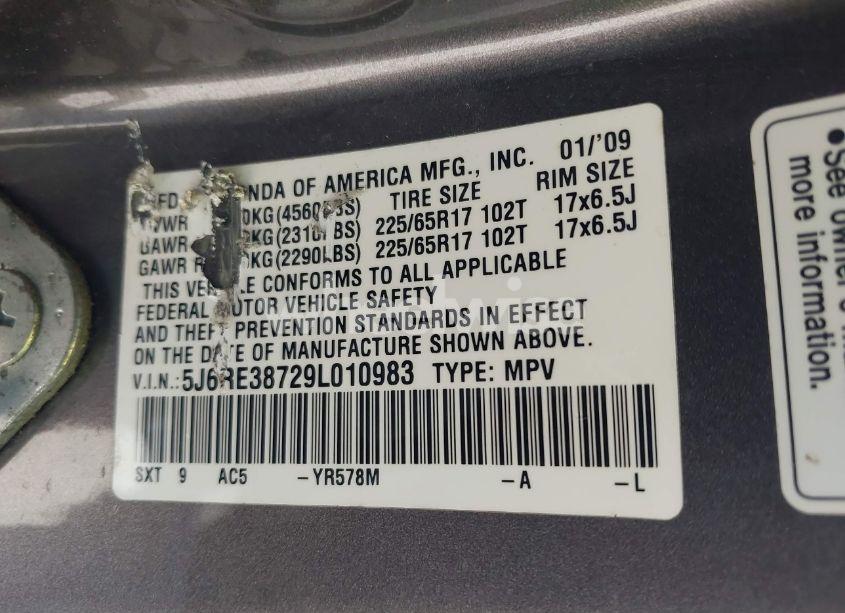 Photo 9 of 2009 Honda Cr-v EX-L (VIN 5J6RE38729L010983)