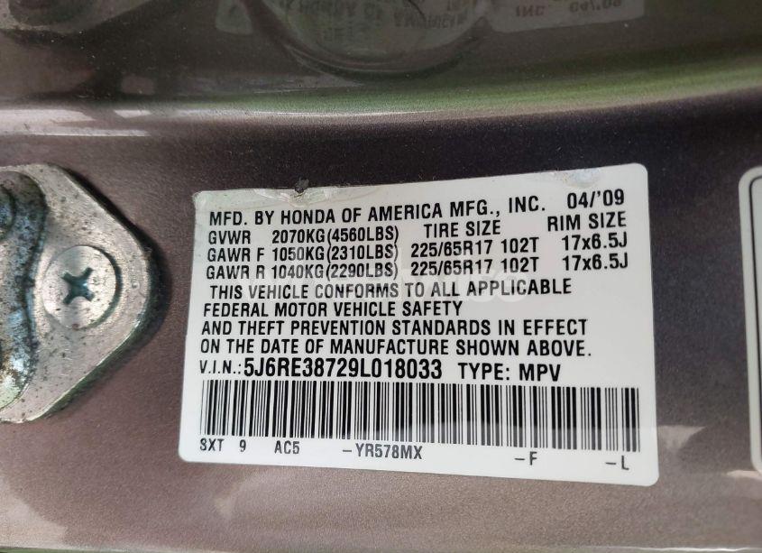 Photo 9 of 2009 Honda Cr-v EX-L (VIN 5J6RE38729L018033)