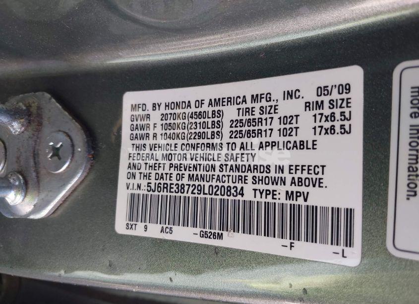 Photo 9 of 2009 Honda Cr-v EX-L (VIN 5J6RE38729L020834)