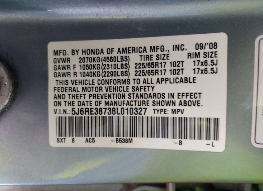 Photo 9 of 2008 Honda Cr-v EX-L (VIN 5J6RE38738L010327)