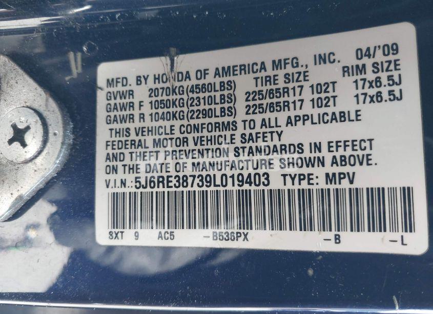 Photo 9 of 2009 Honda Cr-v EX-L (VIN 5J6RE38739L019403)