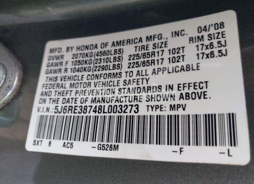 Photo 9 of 2008 Honda Cr-v EX-L (VIN 5J6RE38748L003273)