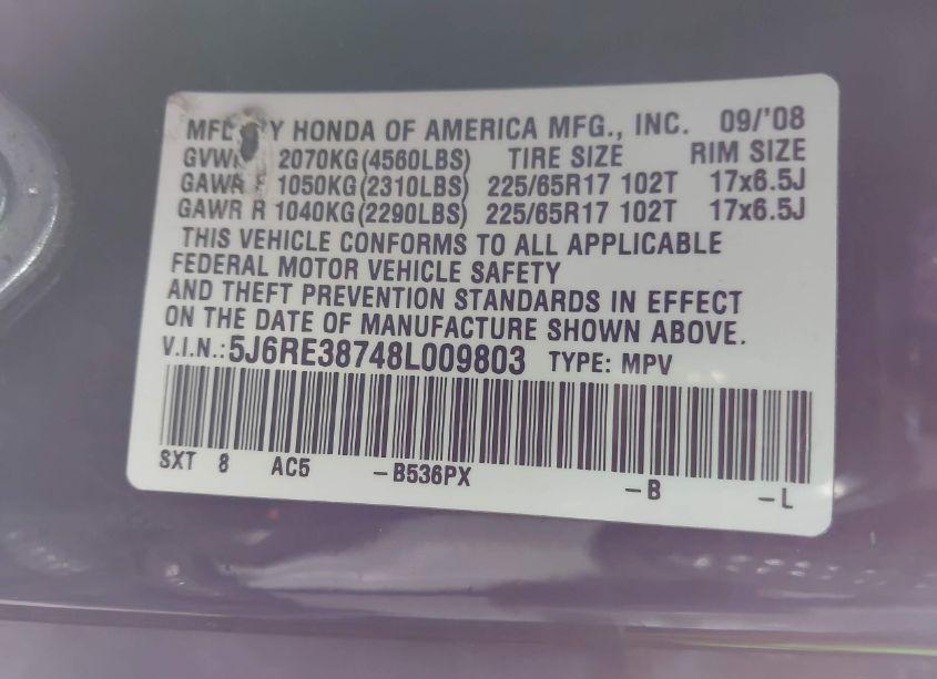 Photo 9 of 2008 Honda Cr-v EX-L (VIN 5J6RE38748L009803)