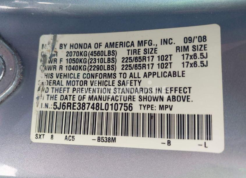 Photo 9 of 2008 Honda Cr-v EX-L (VIN 5J6RE38748L010756)