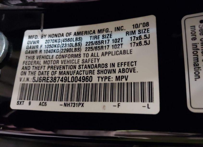 Photo 9 of 2009 Honda Cr-v EX-L (VIN 5J6RE38749L004960)