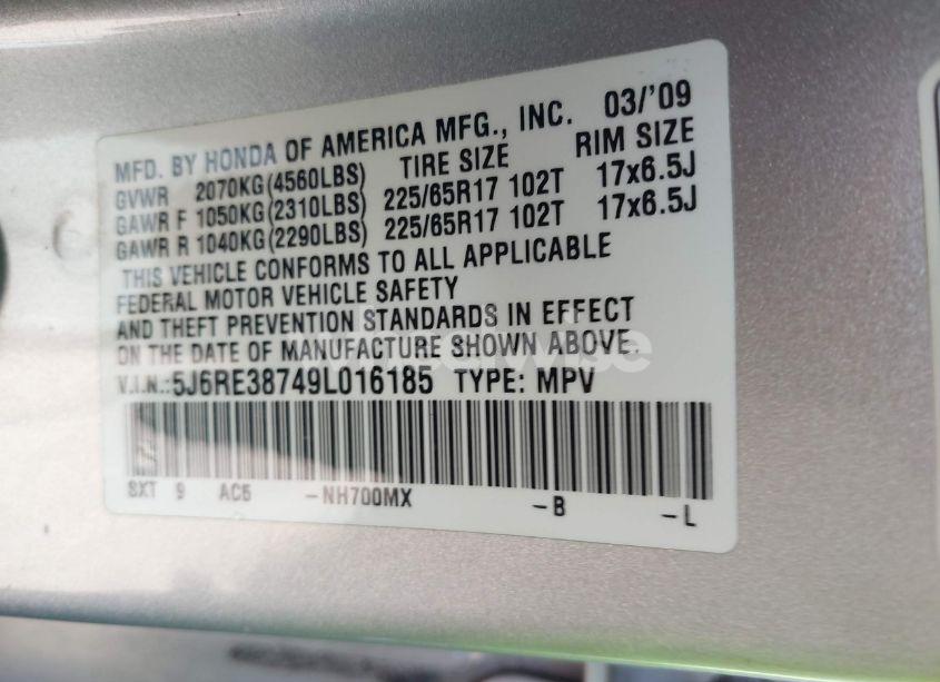 Photo 9 of 2009 Honda Cr-v EX-L (VIN 5J6RE38749L016185)