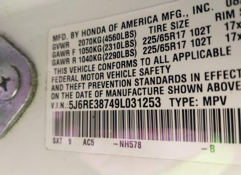 Photo 9 of 2009 Honda Cr-v EX-L (VIN 5J6RE38749L031253)