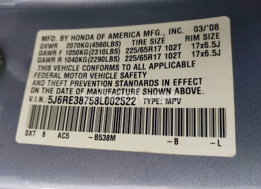 Photo 9 of 2008 Honda Cr-v EX-L (VIN 5J6RE38758L002522)