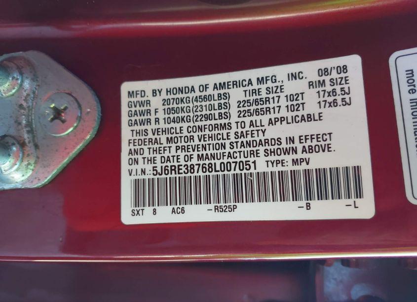Photo 9 of 2008 Honda Cr-v EX-L (VIN 5J6RE38768L007051)