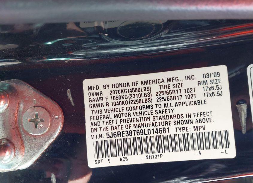 Photo 9 of 2009 Honda Cr-v EX-L (VIN 5J6RE38769L014681)