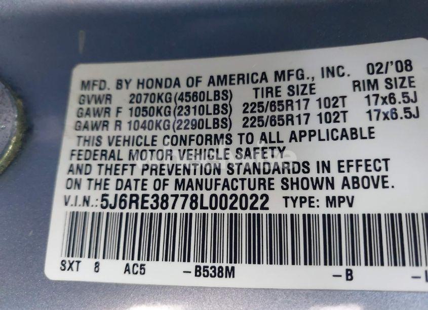 Photo 9 of 2008 Honda Cr-v EX-L (VIN 5J6RE38778L002022)