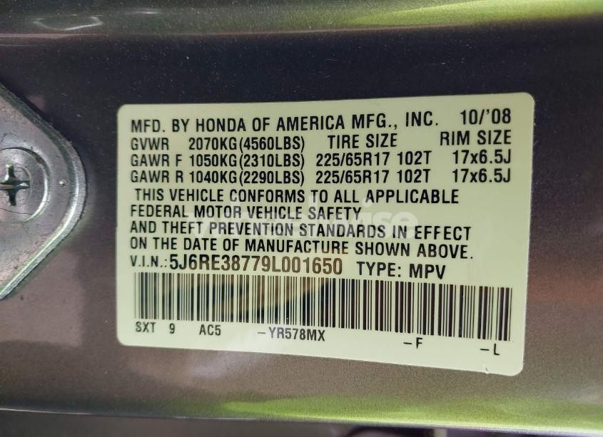 Photo 9 of 2009 Honda Cr-v EX-L (VIN 5J6RE38779L001650)