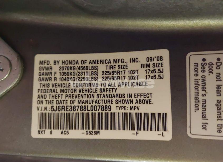Photo 9 of 2008 Honda Cr-v EX-L (VIN 5J6RE38788L007889)