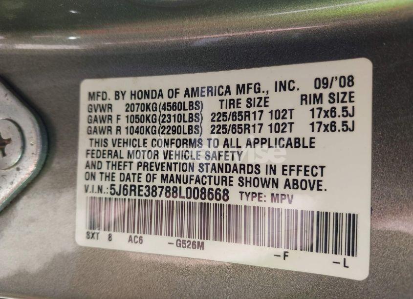 Photo 9 of 2008 Honda Cr-v EX-L (VIN 5J6RE38788L008668)