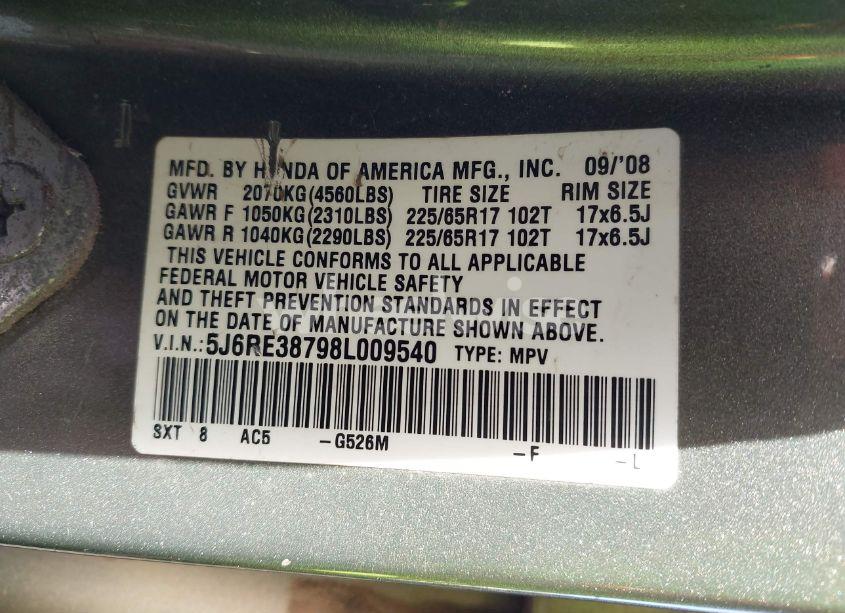 Photo 9 of 2008 Honda Cr-v EX-L (VIN 5J6RE38798L009540)