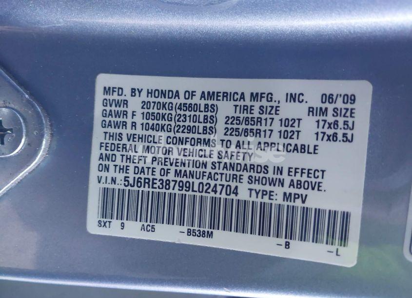 Photo 9 of 2009 Honda Cr-v EX-L (VIN 5J6RE38799L024704)