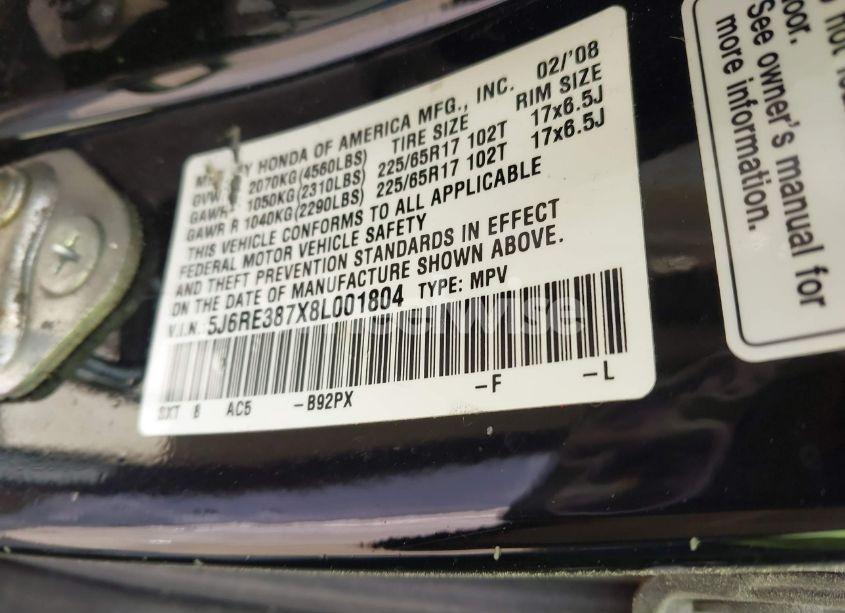 Photo 9 of 2008 Honda Cr-v EX-L (VIN 5J6RE387X8L001804)