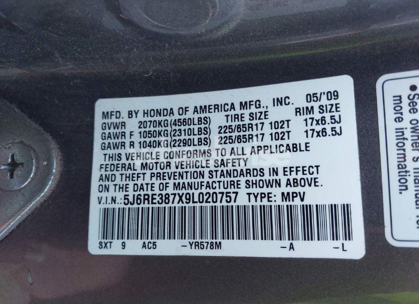 Photo 9 of 2009 Honda Cr-v EX-L (VIN 5J6RE387X9L020757)