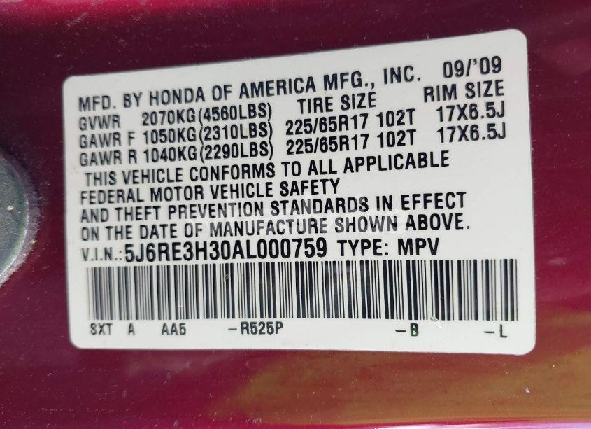 Photo 9 of 2010 Honda Cr-v LX (VIN 5J6RE3H30AL000759)