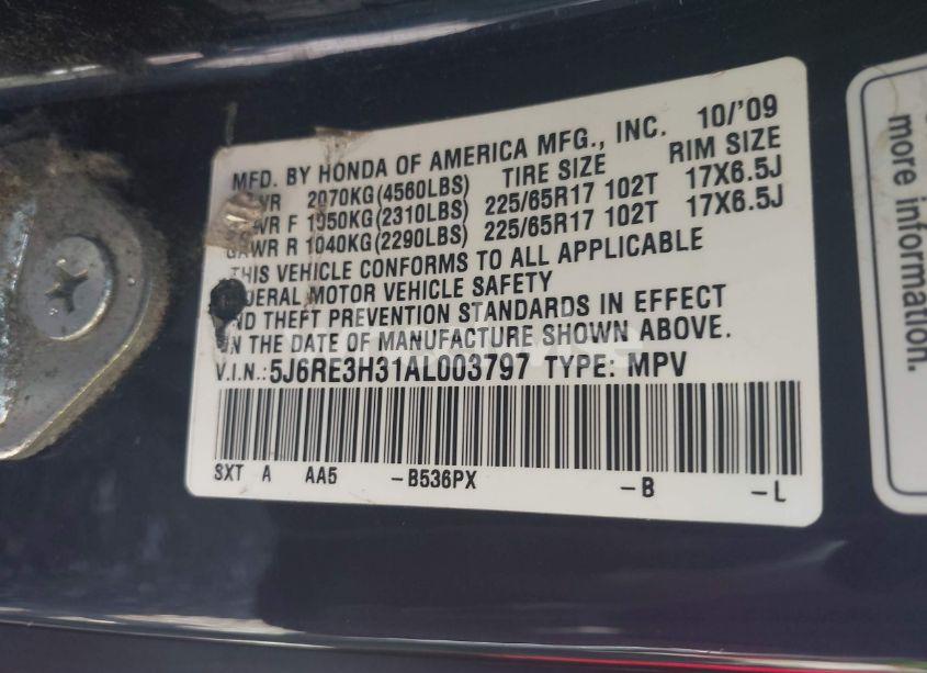 Photo 9 of 2010 Honda Cr-v LX (VIN 5J6RE3H31AL003797)