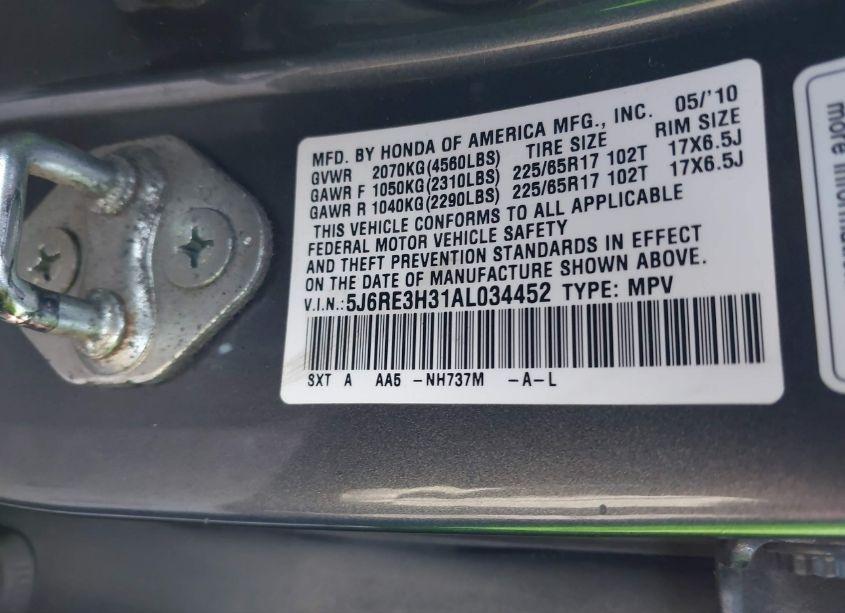 Photo 9 of 2010 Honda Cr-v LX (VIN 5J6RE3H31AL034452)