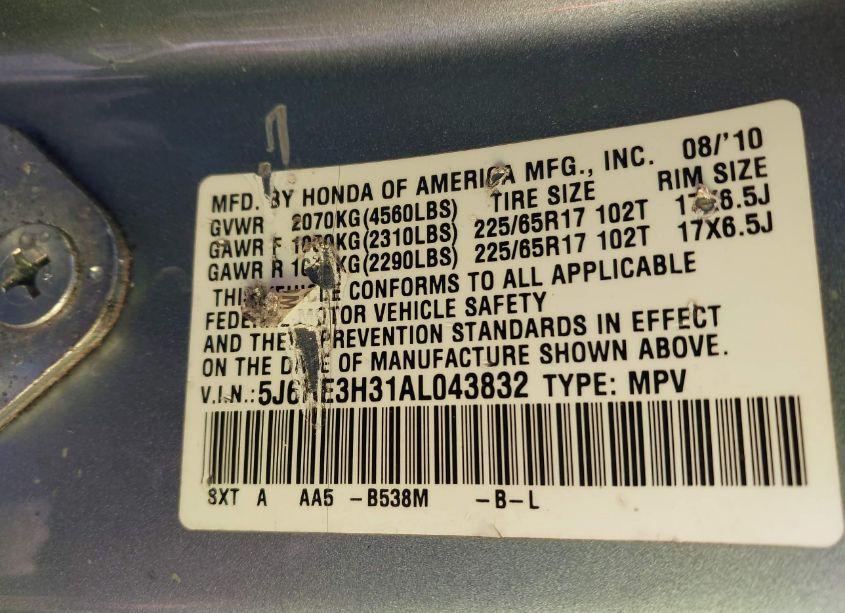 Photo 9 of 2010 Honda Cr-v LX (VIN 5J6RE3H31AL043832)