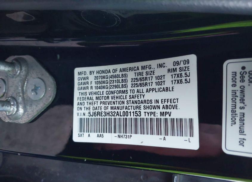 Photo 9 of 2010 Honda Cr-v LX (VIN 5J6RE3H32AL001153)