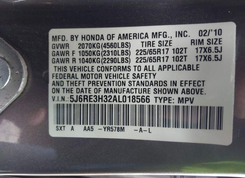 Photo 9 of 2010 Honda Cr-v LX (VIN 5J6RE3H32AL018566)