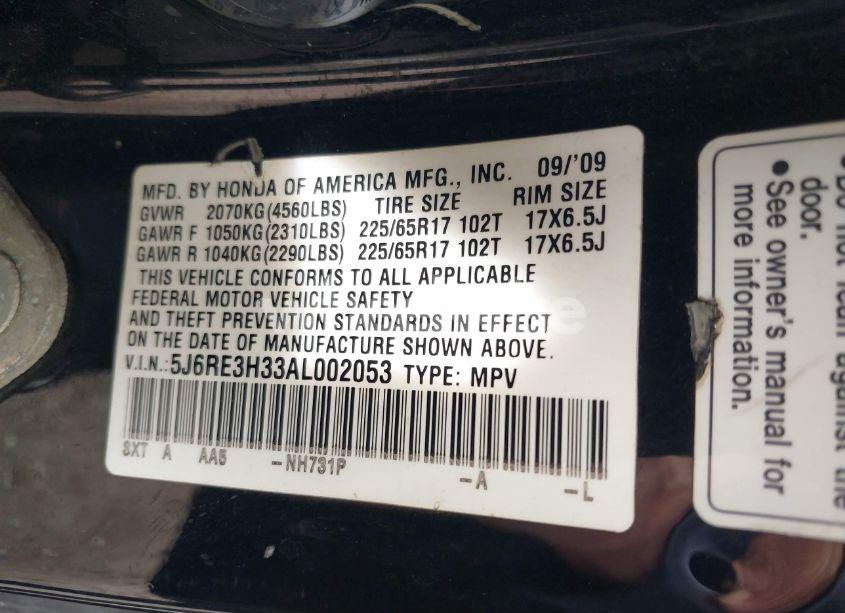 Photo 9 of 2010 Honda Cr-v LX (VIN 5J6RE3H33AL002053)