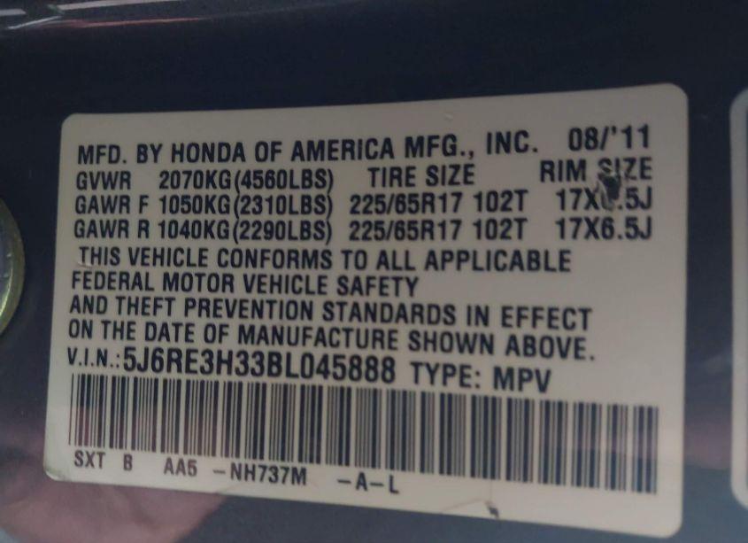 Photo 9 of 2011 Honda Cr-v LX (VIN 5J6RE3H33BL045888)