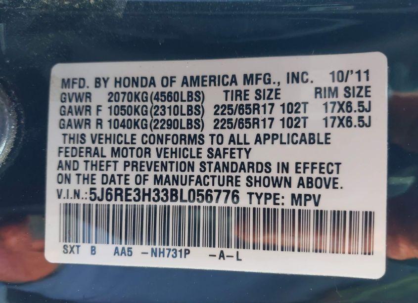 Photo 9 of 2011 Honda Cr-v LX (VIN 5J6RE3H33BL056776)