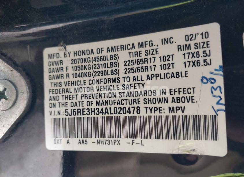 Photo 9 of 2010 Honda Cr-v LX (VIN 5J6RE3H34AL020478)