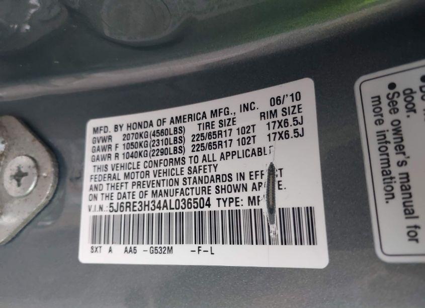 Photo 9 of 2010 Honda Cr-v LX (VIN 5J6RE3H34AL036504)