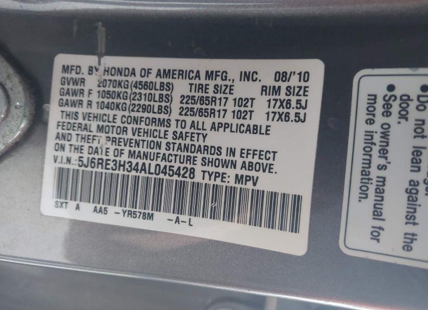 Photo 9 of 2010 Honda Cr-v LX (VIN 5J6RE3H34AL045428)