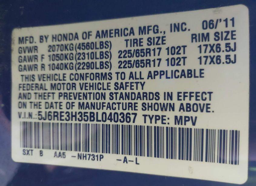 Photo 9 of 2011 Honda Cr-v LX (VIN 5J6RE3H35BL040367)
