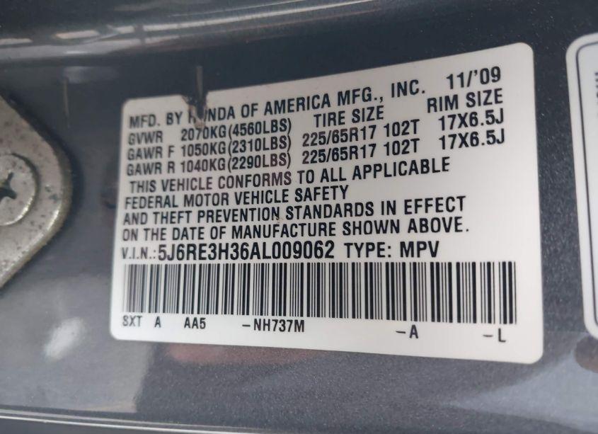 Photo 9 of 2010 Honda Cr-v LX (VIN 5J6RE3H36AL009062)