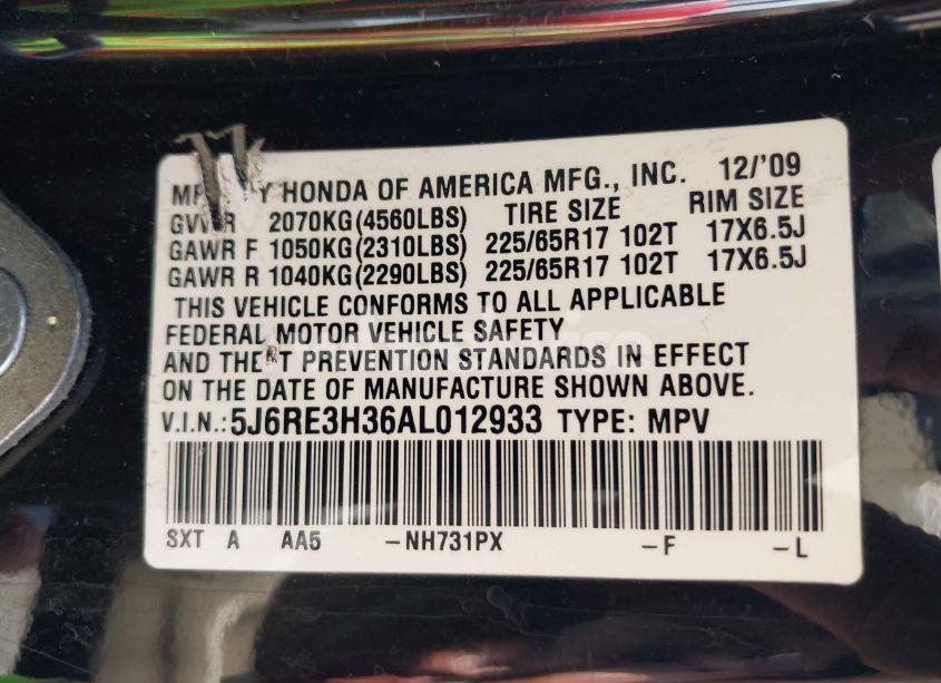 Photo 9 of 2010 Honda Cr-v LX (VIN 5J6RE3H36AL012933)