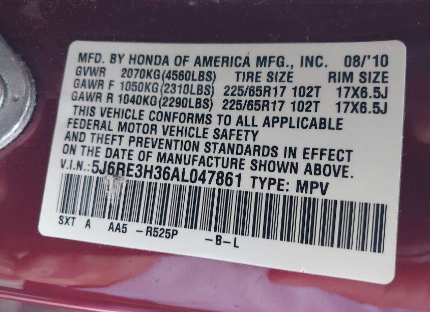 Photo 9 of 2010 Honda Cr-v LX (VIN 5J6RE3H36AL047861)