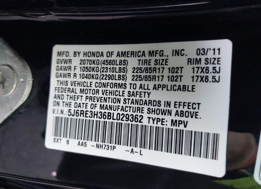 Photo 9 of 2011 Honda Cr-v LX (VIN 5J6RE3H36BL029362)