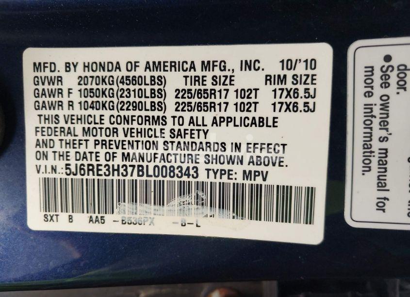 Photo 9 of 2011 Honda Cr-v LX (VIN 5J6RE3H37BL008343)