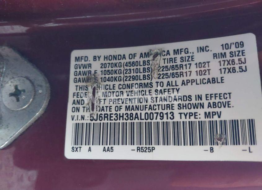 Photo 9 of 2010 Honda Cr-v LX (VIN 5J6RE3H38AL007913)