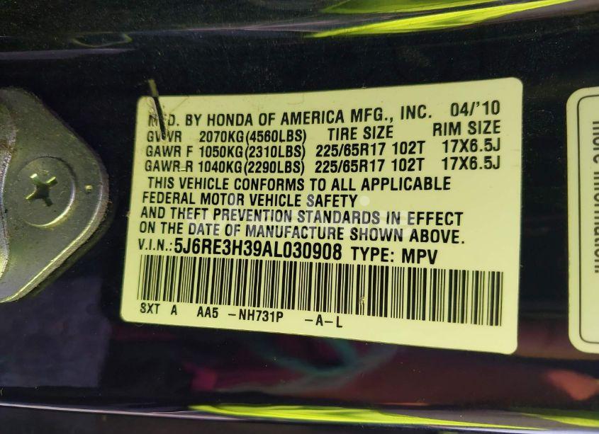 Photo 9 of 2010 Honda Cr-v LX (VIN 5J6RE3H39AL030908)