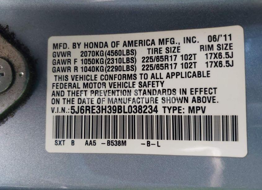 Photo 9 of 2011 Honda Cr-v LX (VIN 5J6RE3H39BL038234)