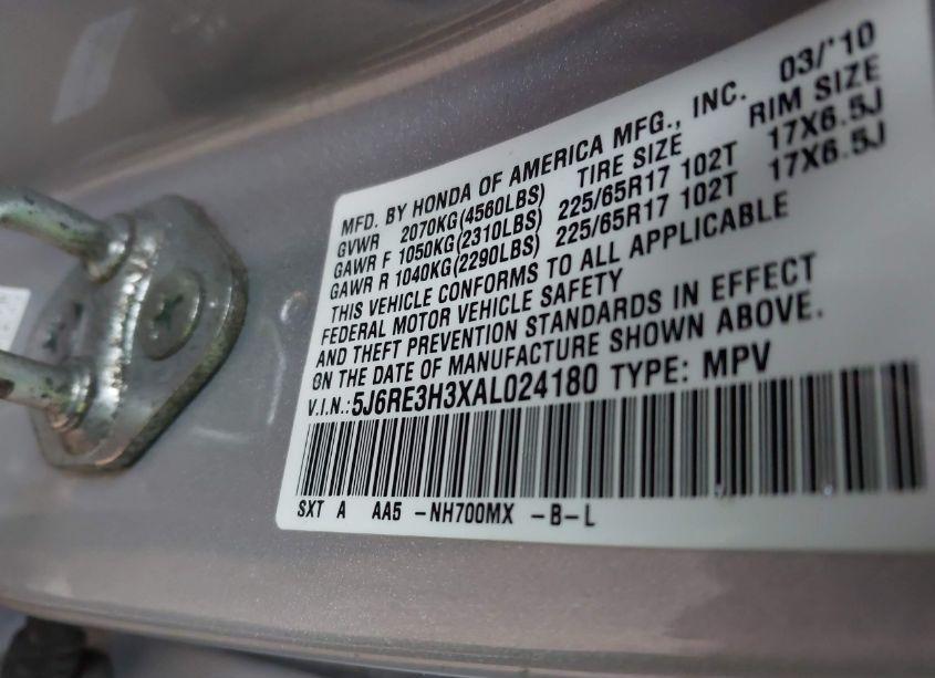 Photo 9 of 2010 Honda Cr-v LX (VIN 5J6RE3H3XAL024180)