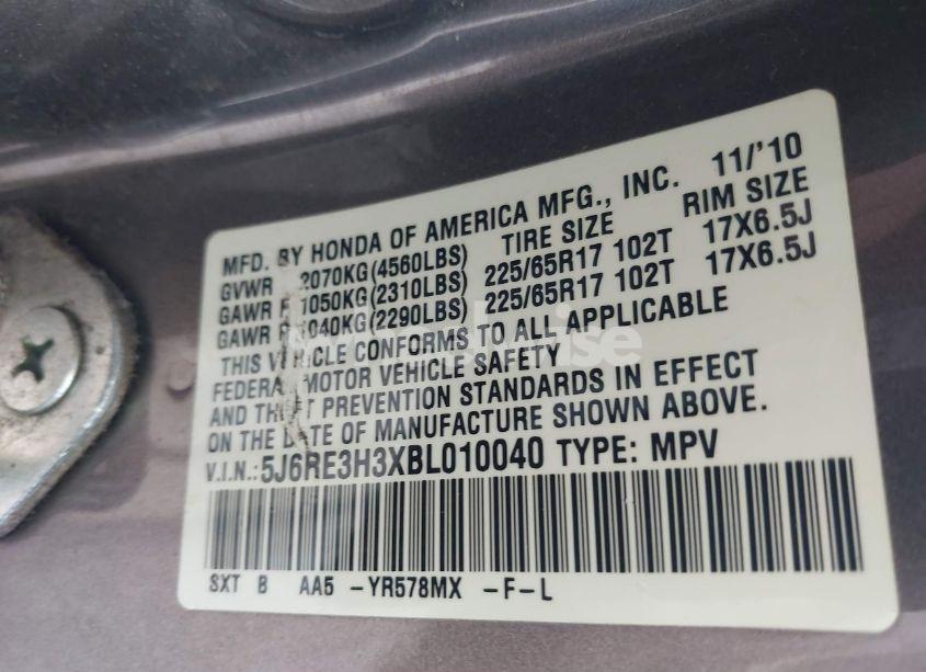 Photo 9 of 2011 Honda Cr-v LX (VIN 5J6RE3H3XBL010040)