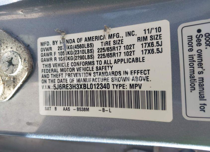 Photo 9 of 2011 Honda Cr-v LX (VIN 5J6RE3H3XBL012340)