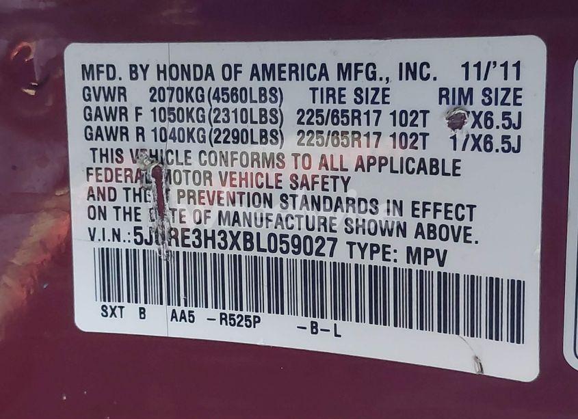 Photo 9 of 2011 Honda Cr-v LX (VIN 5J6RE3H3XBL059027)