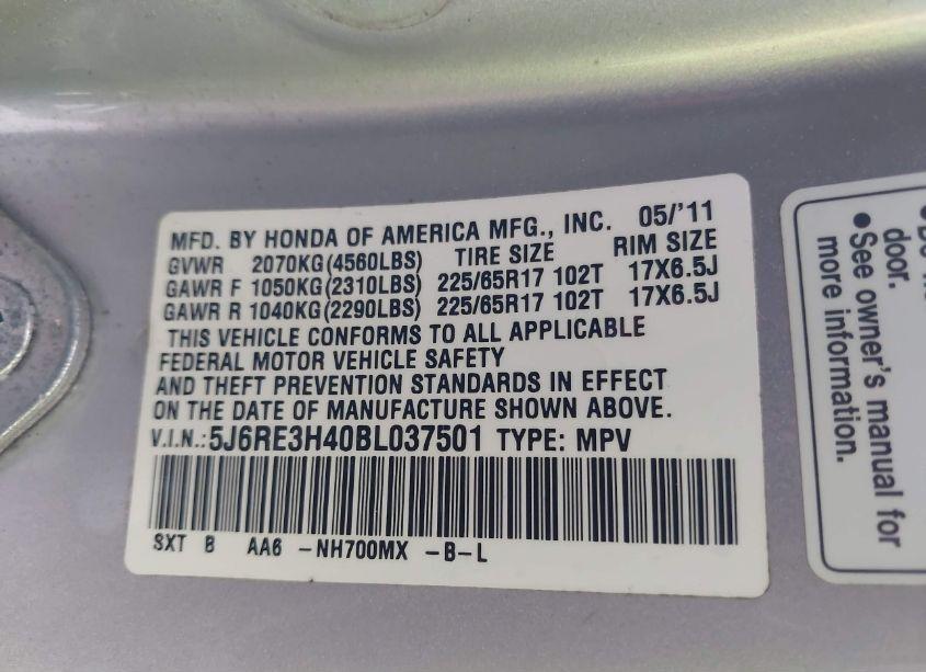 Photo 9 of 2011 Honda Cr-v SE (VIN 5J6RE3H40BL037501)