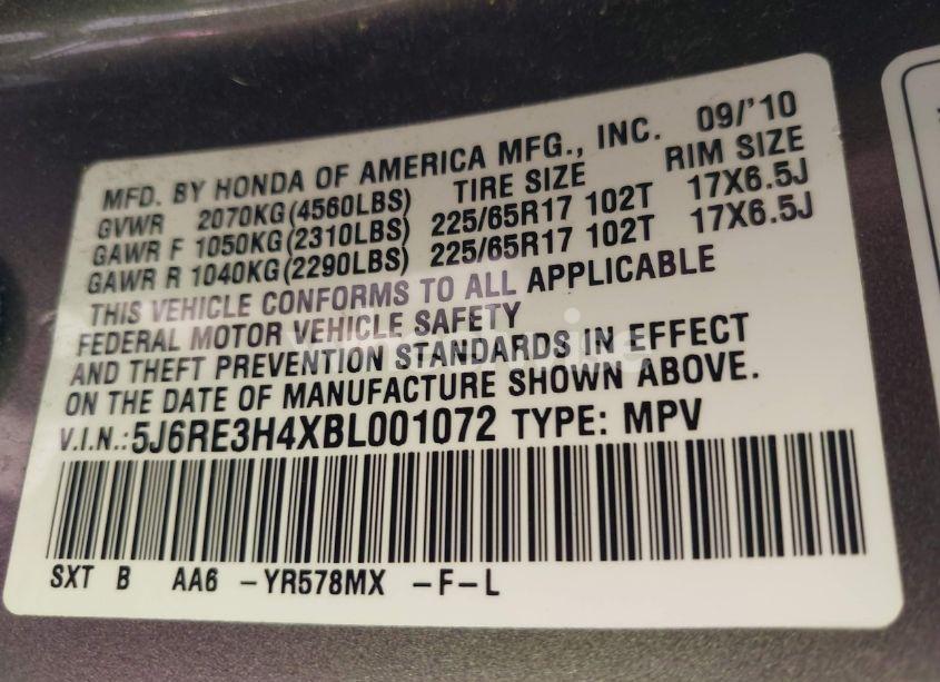Photo 9 of 2011 Honda Cr-v SE (VIN 5J6RE3H4XBL001072)