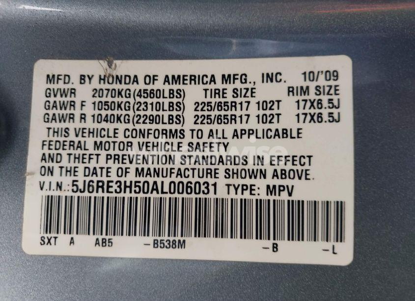 Photo 9 of 2010 Honda Cr-v EX (VIN 5J6RE3H50AL006031)